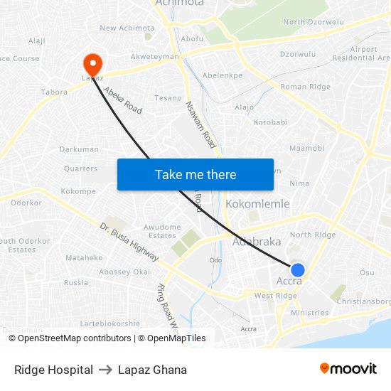 Ridge Hospital to Lapaz Ghana map