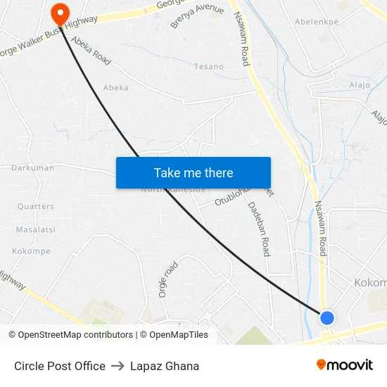 Circle Post Office to Lapaz Ghana map