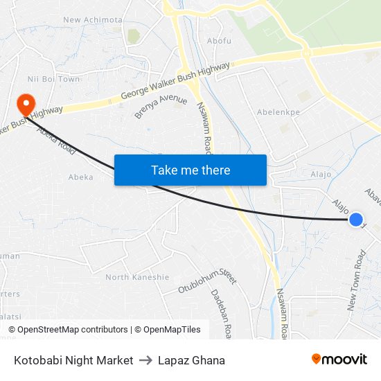 Kotobabi Night Market to Lapaz Ghana map