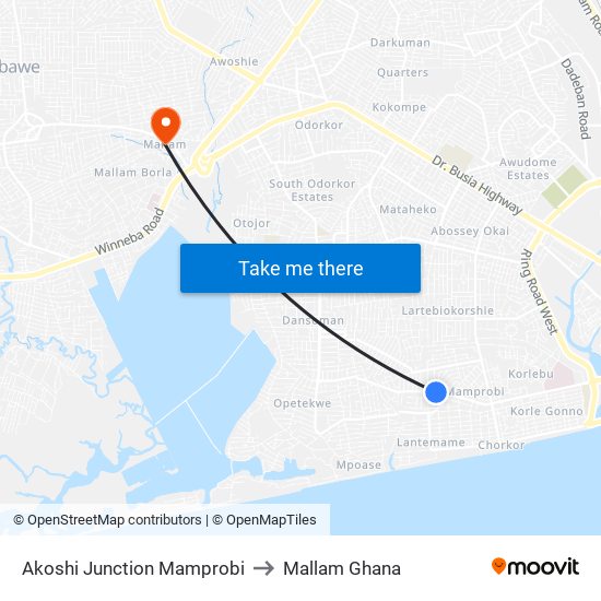 Akoshi Junction Mamprobi to Mallam Ghana map