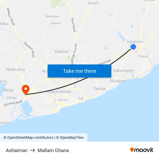 Ashaiman to Mallam Ghana map