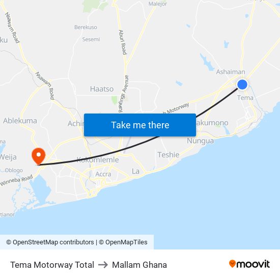 Tema Motorway Total to Mallam Ghana map