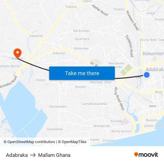 Adabraka to Mallam Ghana map