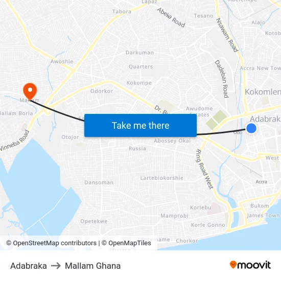 Adabraka to Mallam Ghana map