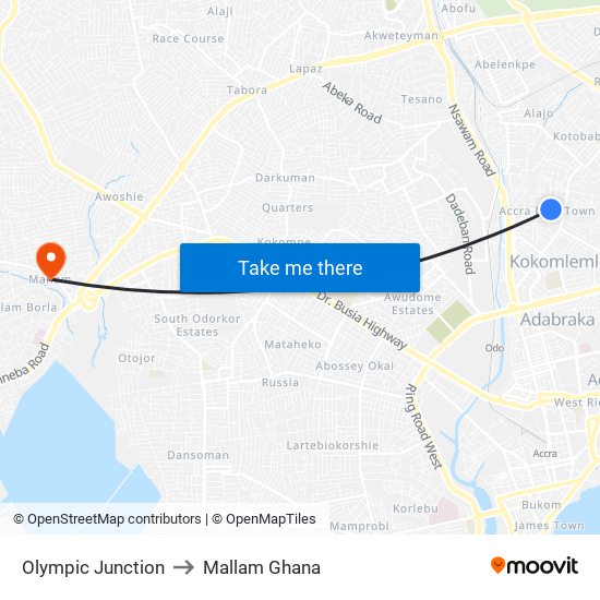 Olympic Junction to Mallam Ghana map