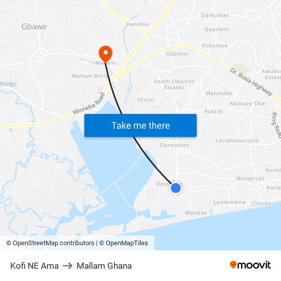 Kofi NE Ama to Mallam Ghana map