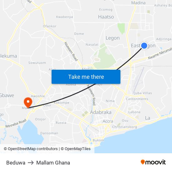 Beduwa to Mallam Ghana map