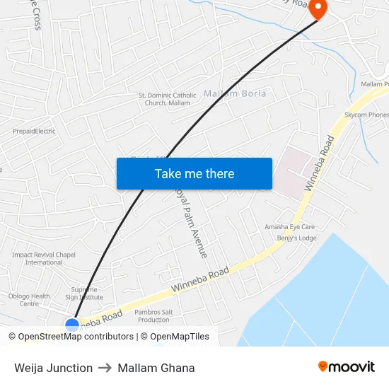 Weija Junction to Mallam Ghana map