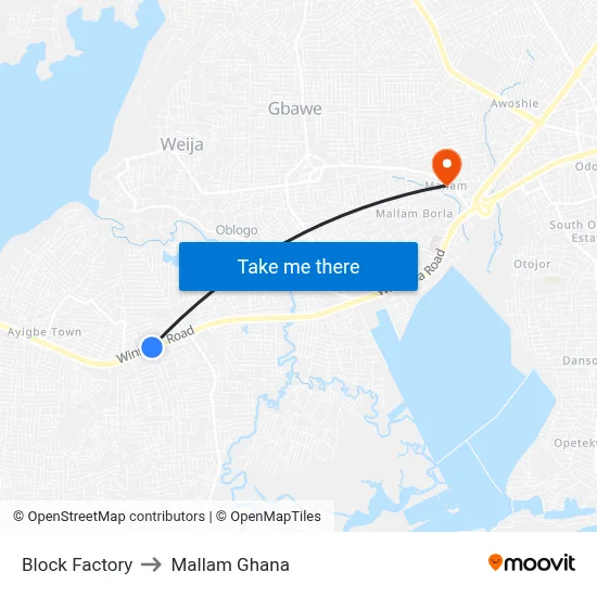 Block Factory to Mallam Ghana map