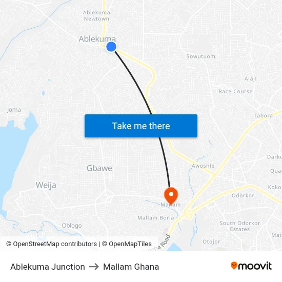Ablekuma Junction to Mallam Ghana map