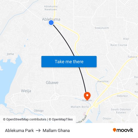 Ablekuma Park to Mallam Ghana map