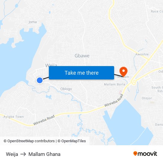 Weija to Mallam Ghana map