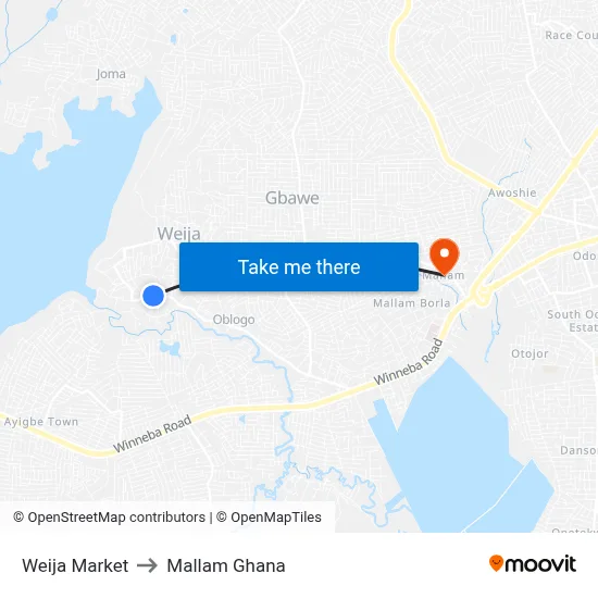 Weija Market to Mallam Ghana map