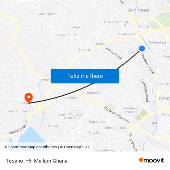 Tesano to Mallam Ghana map