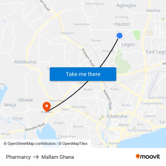 Pharmarcy to Mallam Ghana map