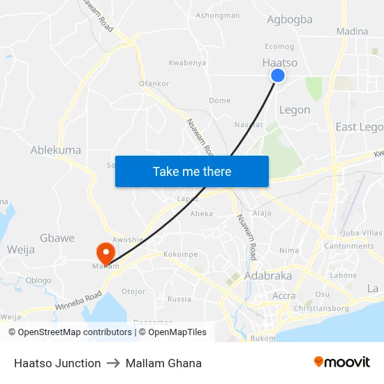Haatso Junction to Mallam Ghana map
