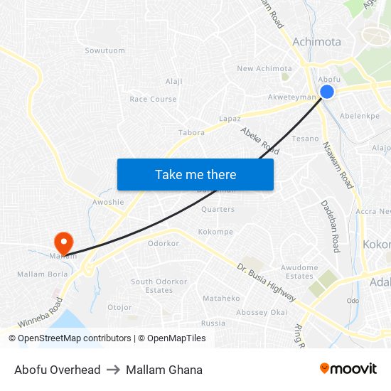Abofu Overhead to Mallam Ghana map