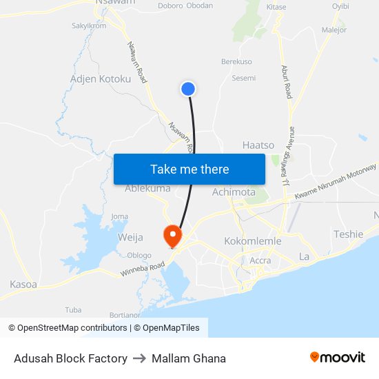 Adusah Block Factory to Mallam Ghana map