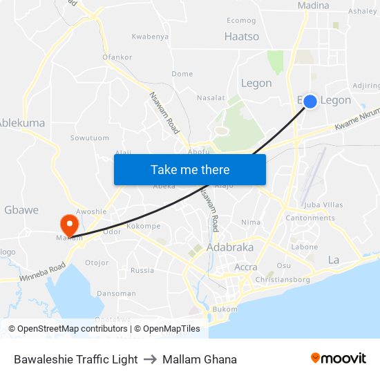 Bawaleshie Traffic Light to Mallam Ghana map