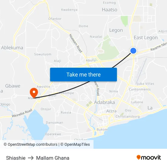 Shiashie to Mallam Ghana map