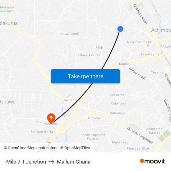 Mile 7 T-Junction to Mallam Ghana map