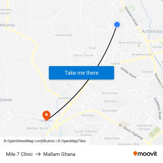 Mile 7 Clinic to Mallam Ghana map