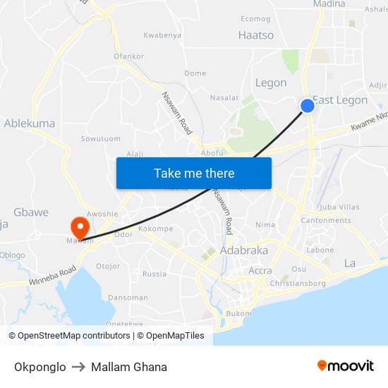 Okponglo to Mallam Ghana map