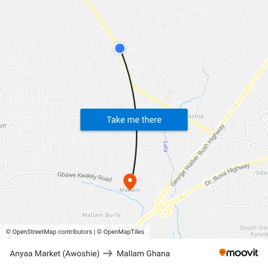 Anyaa Market (Awoshie) to Mallam Ghana map