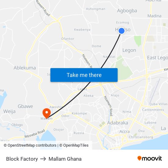 Block Factory to Mallam Ghana map