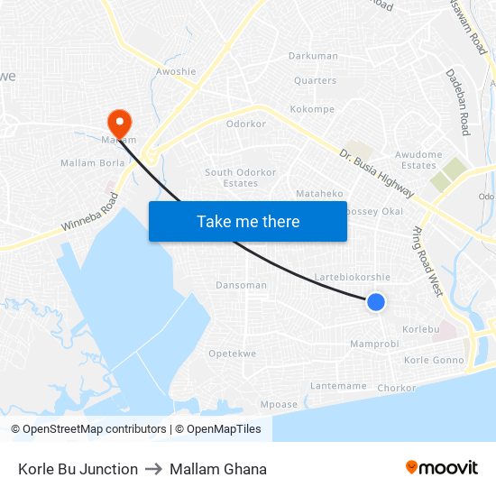 Korle Bu Junction to Mallam Ghana map