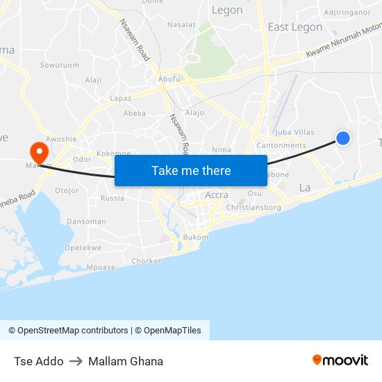 Tse Addo to Mallam Ghana map