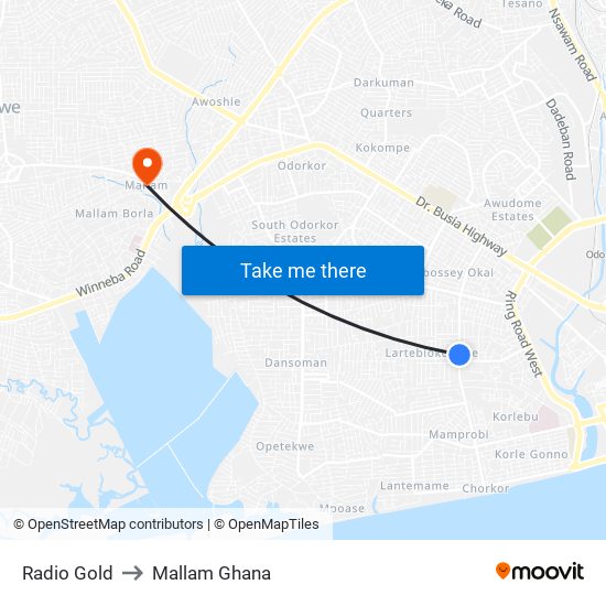 Radio Gold to Mallam Ghana map