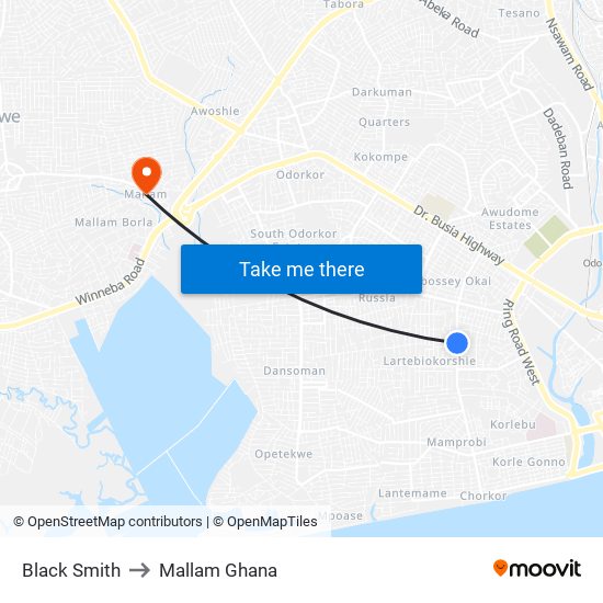 Black Smith to Mallam Ghana map