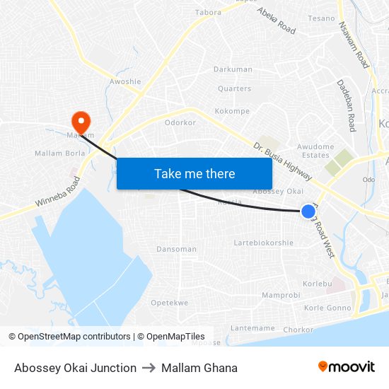 Abossey Okai Junction to Mallam Ghana map