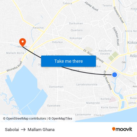 Sabolai to Mallam Ghana map