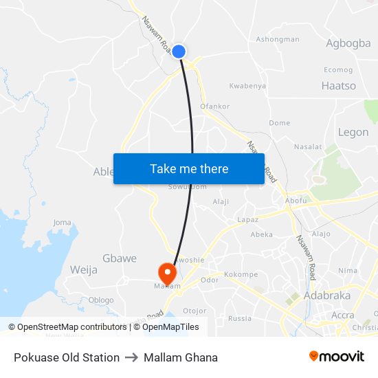 Pokuase Old Station to Mallam Ghana map