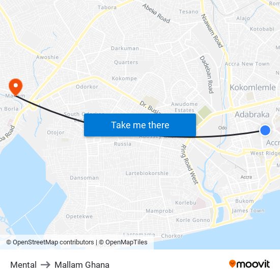 Mental to Mallam Ghana map