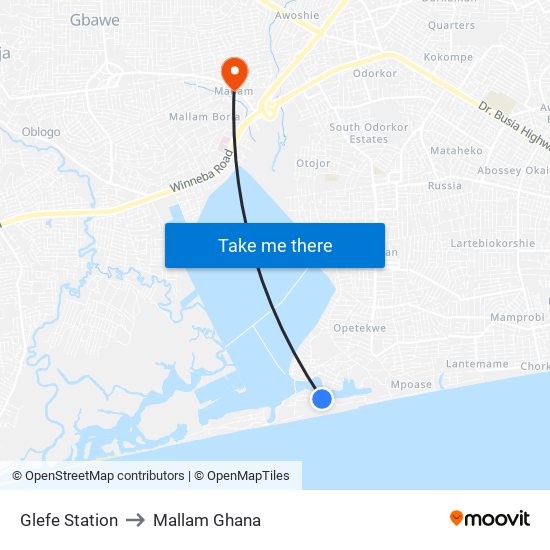 Glefe Station to Mallam Ghana map