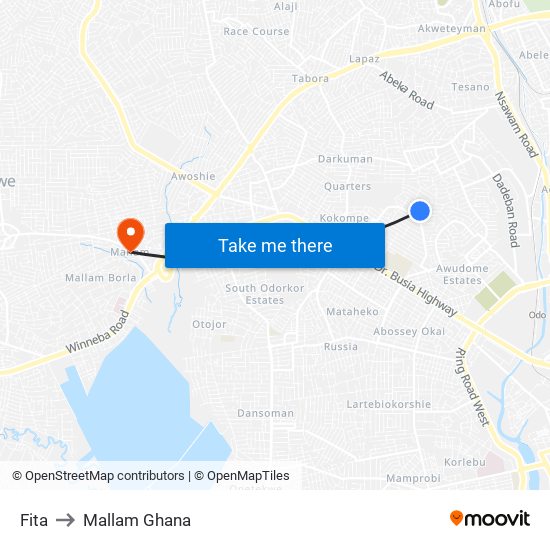 Fita to Mallam Ghana map