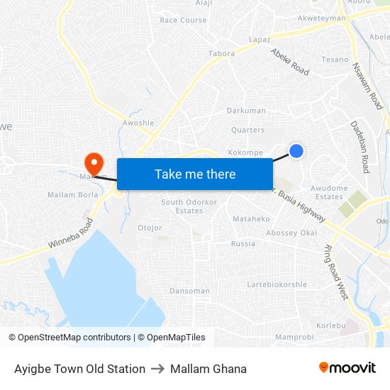 Ayigbe Town Old Station to Mallam Ghana map