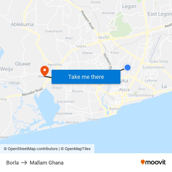 Borla to Mallam Ghana map