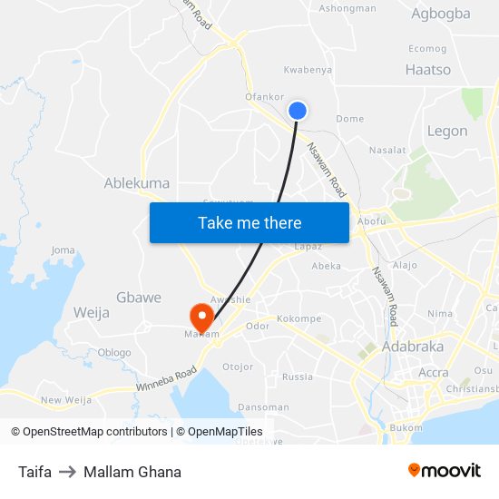 Taifa to Mallam Ghana map