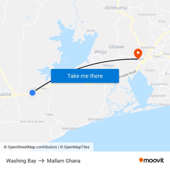 Washing Bay to Mallam Ghana map