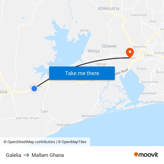 Galelia to Mallam Ghana map