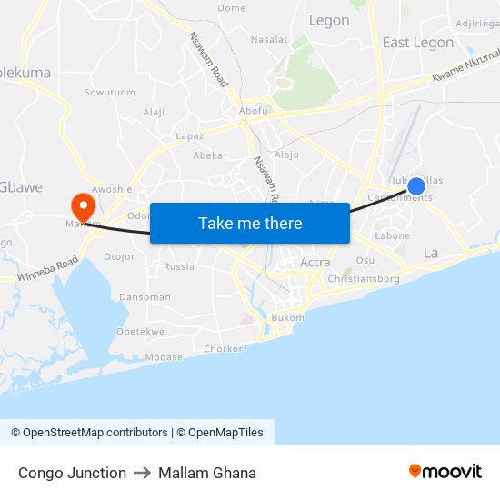 Congo Junction to Mallam Ghana map