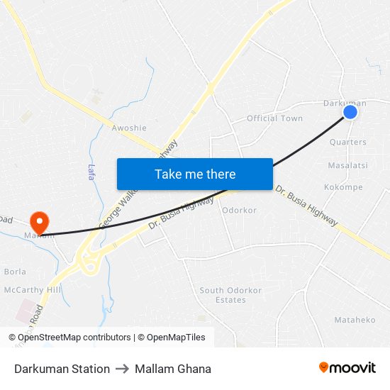 Darkuman Station to Mallam Ghana map