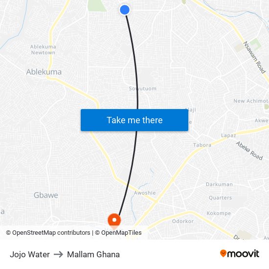 Jojo Water to Mallam Ghana map
