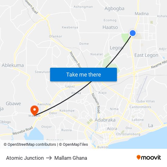 Atomic Junction to Mallam Ghana map