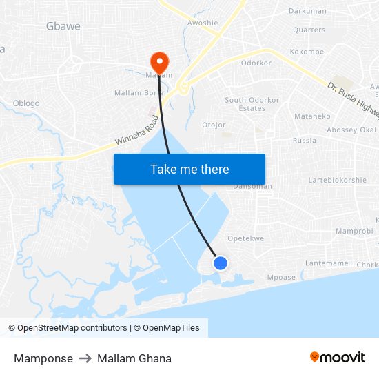 Mamponse to Mallam Ghana map