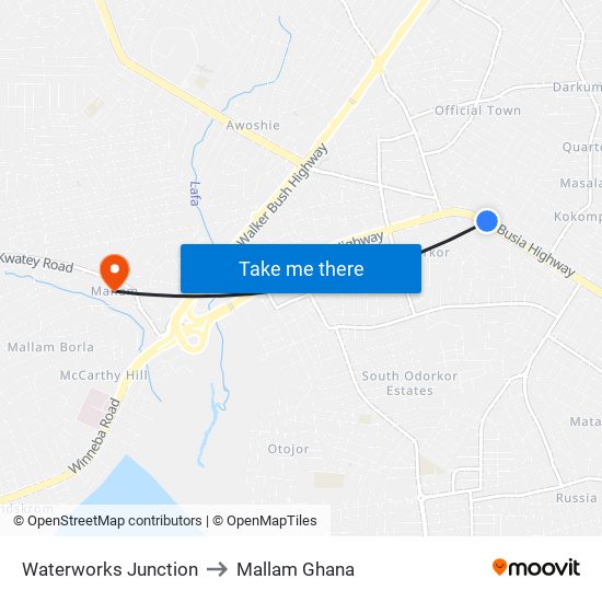 Waterworks Junction to Mallam Ghana map